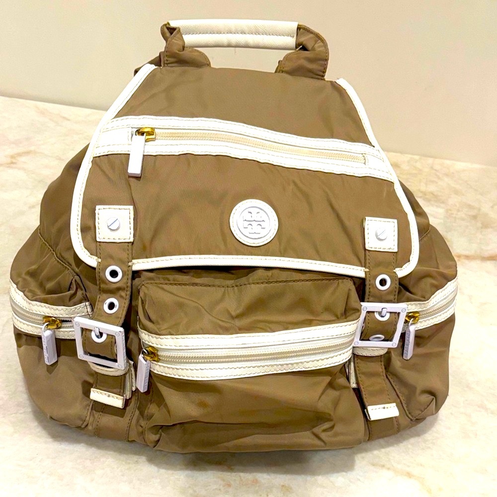 Tory Burch Designer Brown Backpack with White Trim & Signature Logo Detailing